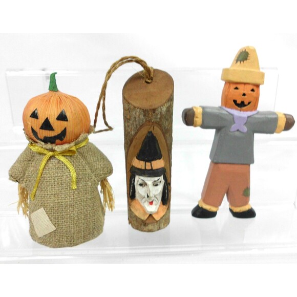 Vintage Halloween Decorations Paper Cloth Carved Wood Pumpkin Witch Lot of 3 - Picture 1 of 7
